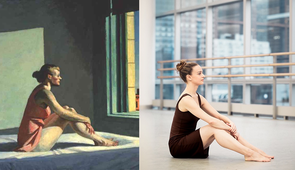(L) Edward Hopper’s “Morning Sun.” (R) Dancer Sharon Milanese, in rehearsal for Tales of Hopper, 2020; Photo credit Charles Roussel